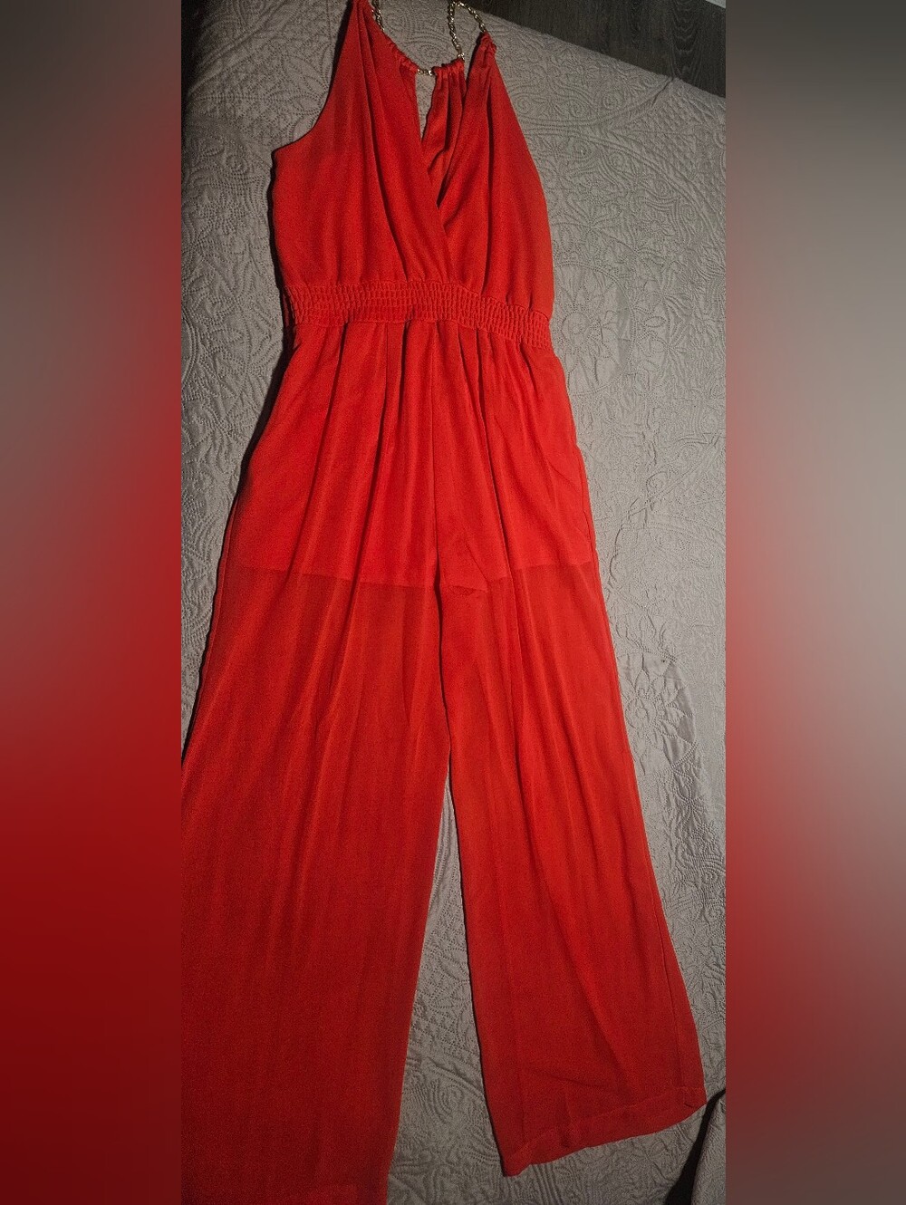 Sleeveless Red Halter Wide-Leg Jumpsuit with Chain Straps